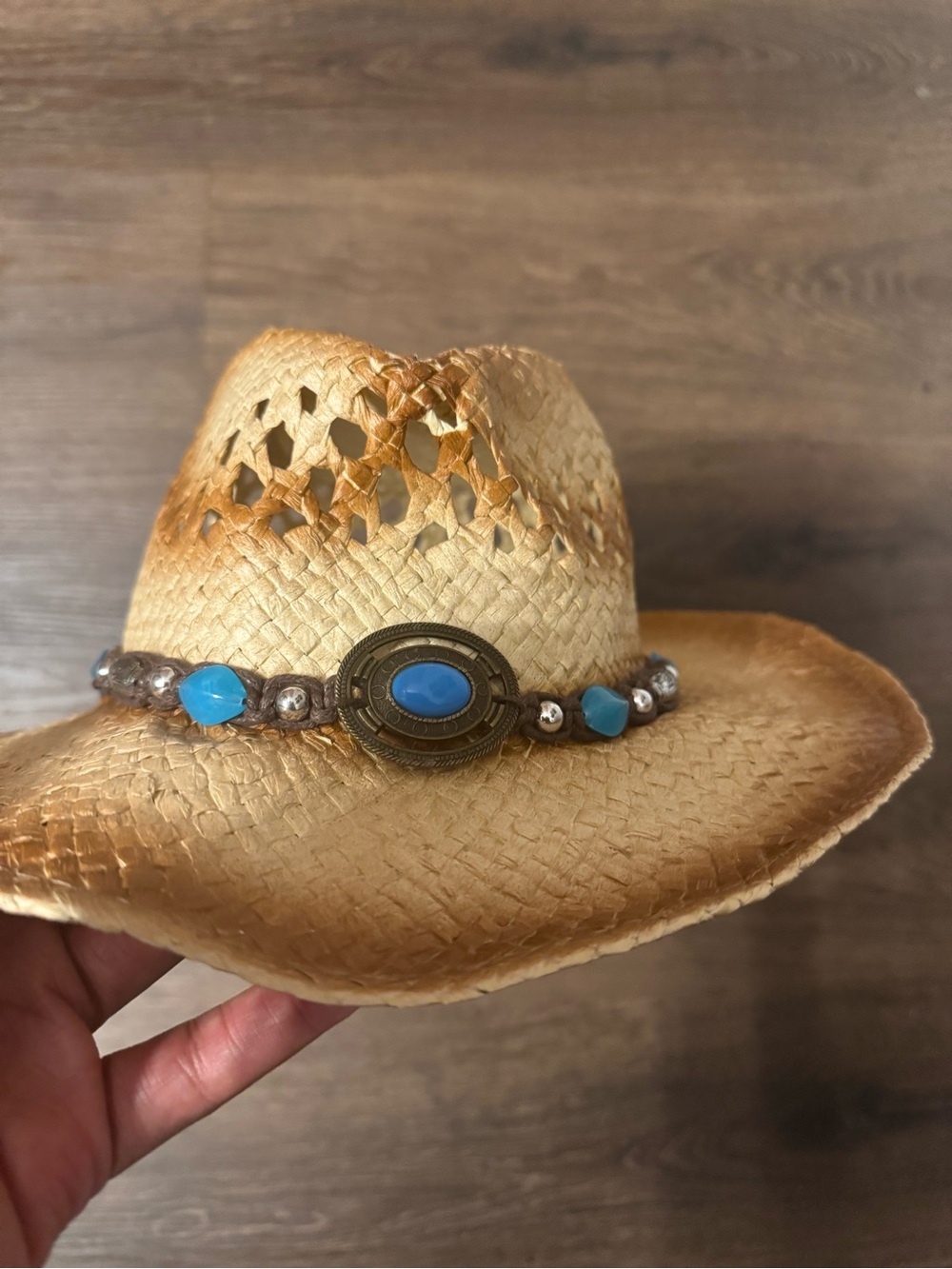 Straw Cowboy Hat with Turquoise Beaded Band